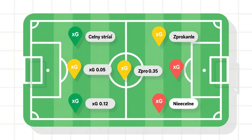 Diagram boiska pokazujący lokalizacje strzałów z wartościami expected goals xG